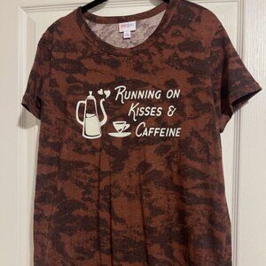 PRE-OWNED LuLaRoe Running on Kisses & Caffeine Liv T-Shirt Top LARGE Coffee Tea